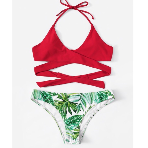 🍒💋 Wrap Halter Top With Random Palm Print Bikini - Picture 3 of 6